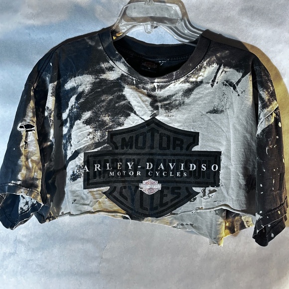 Vintage Harley Davidson Laughlin Tie Dye Black White Crop Top T Shirt Tee - Picture 2 of 10
